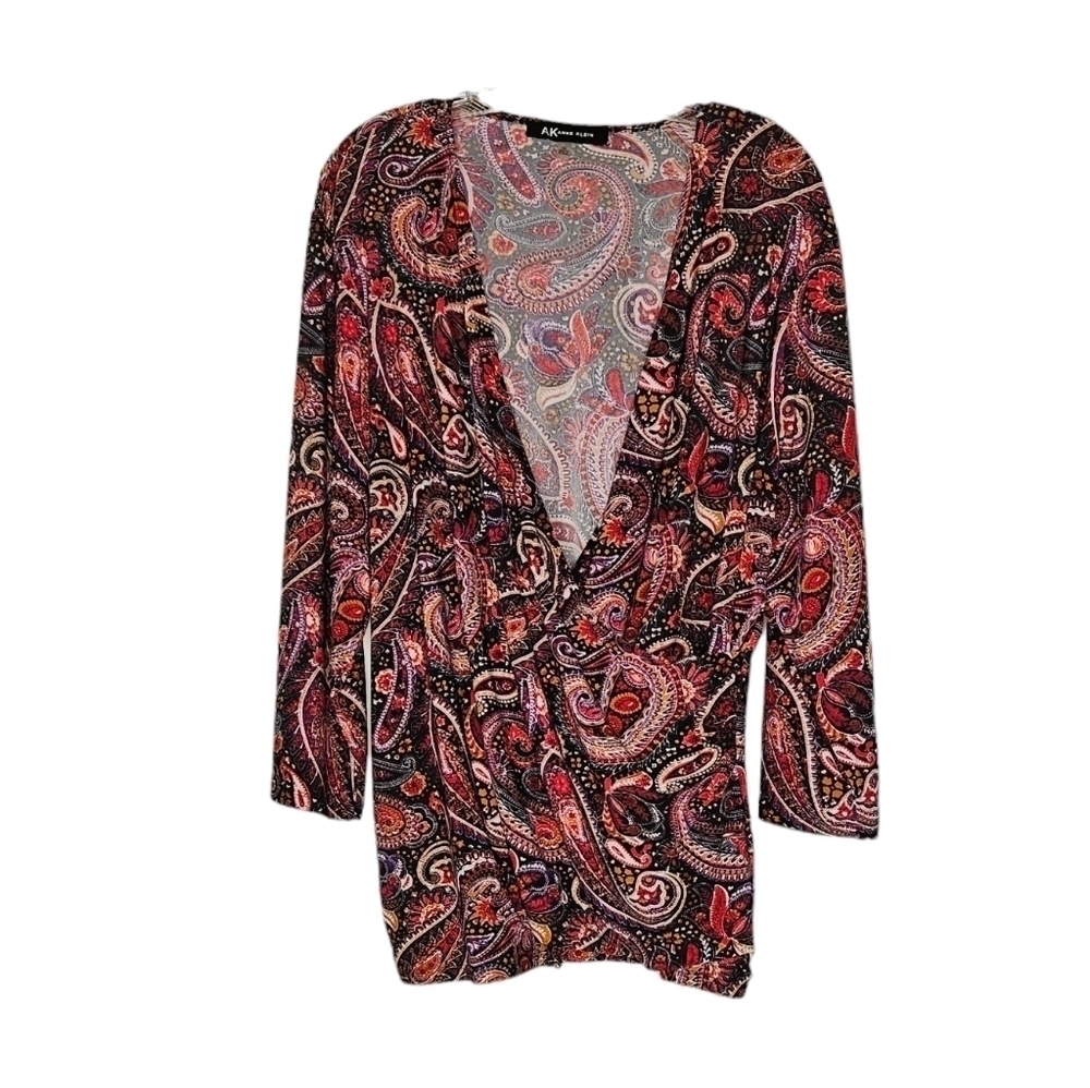Anne Klein faux wrap 3/4 sleeve black, red, brown paisley print blouse